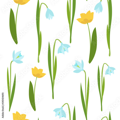 Spring blue flowers  yellow tulips and snowdrops. seamless pattern