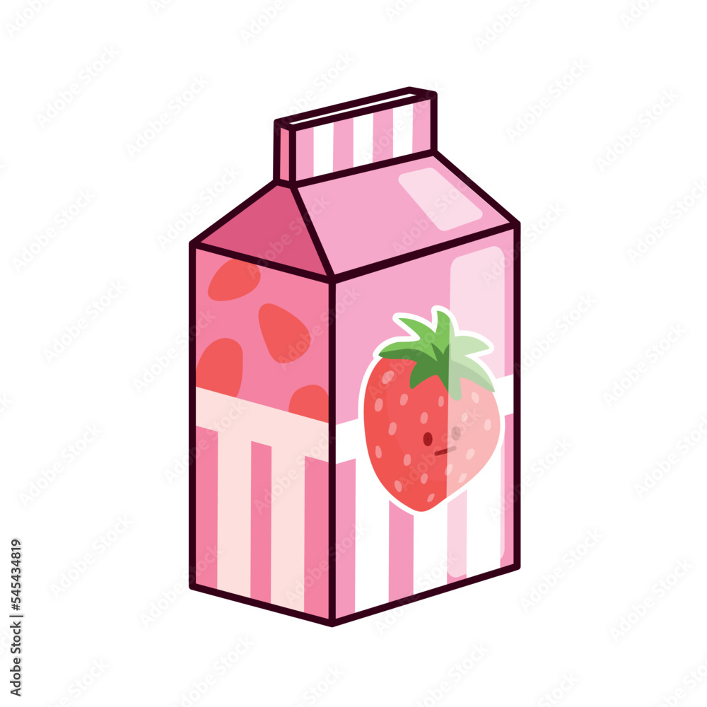Cute kawaii cartoon character of a strawberry-flavored milk carton box on a white background