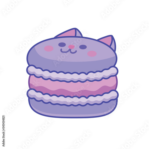 Cute kawaii cartoon character of a kitten macaroon on a white background