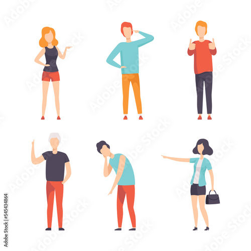 People Character Indicating Something Pointing with Index Finger as Hand Gesture Specifying Direction Vector Set © topvectors