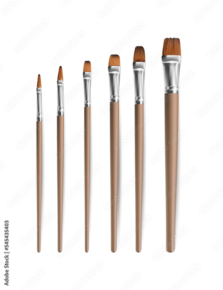 Fototapeta premium 3d realistic vector icon illustration. Artist wooden natural paint brush. Isolated on white background.