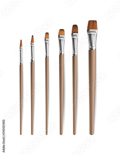 3d realistic vector icon illustration. Artist wooden natural paint brush. Isolated on white background.