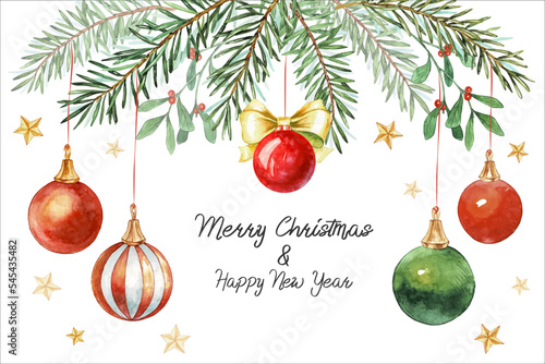 Christmas card. Watercolor painting. Hand lettering. Green pine, fir twigs, christmas balls, red berries, snowflakes. Vector illustration. Nature design. Greeting card, poster template. Xmas holidays
