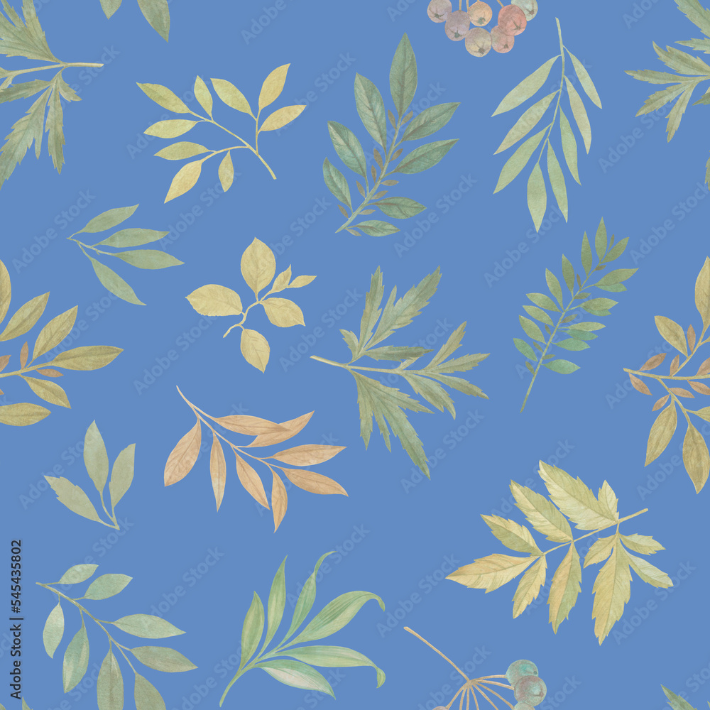 Branches and leaves painted in watercolor, collected in a seamless pattern.