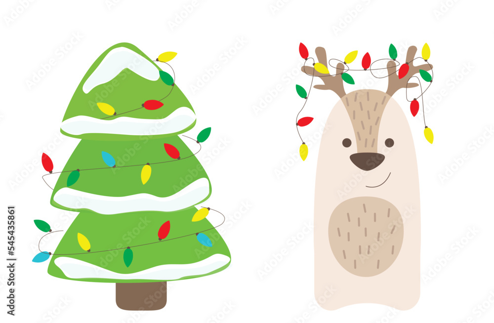 Christmas simple vector. Green Christmasr tree with snow and garland and Christmas deer