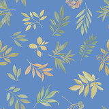 Branches and leaves painted in watercolor, collected in a seamless pattern.