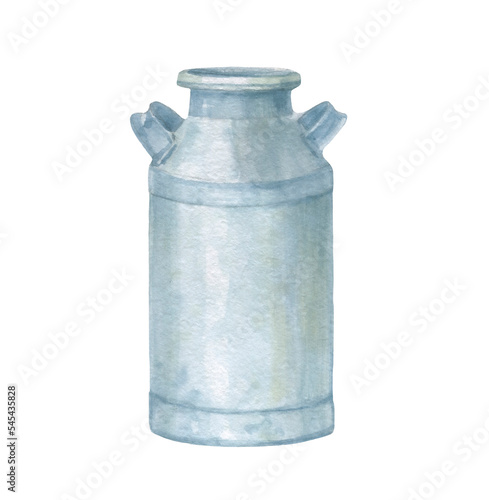 milk can painted in watercolor. can container for milk isolated on white background. watercolor illustration.