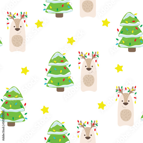 Christmas pattern. Green Christmasr tree with snow, stars, garlands and Christmas deer