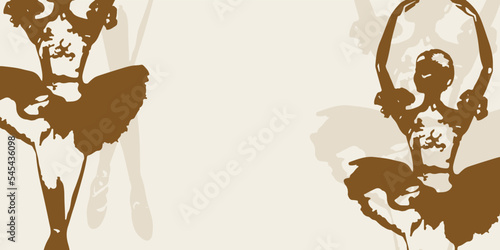 Silhouette ballerina in gold ballet tutu and pointe on white background. Dancer in beautiful pose. Ballet. Concept poster design template.