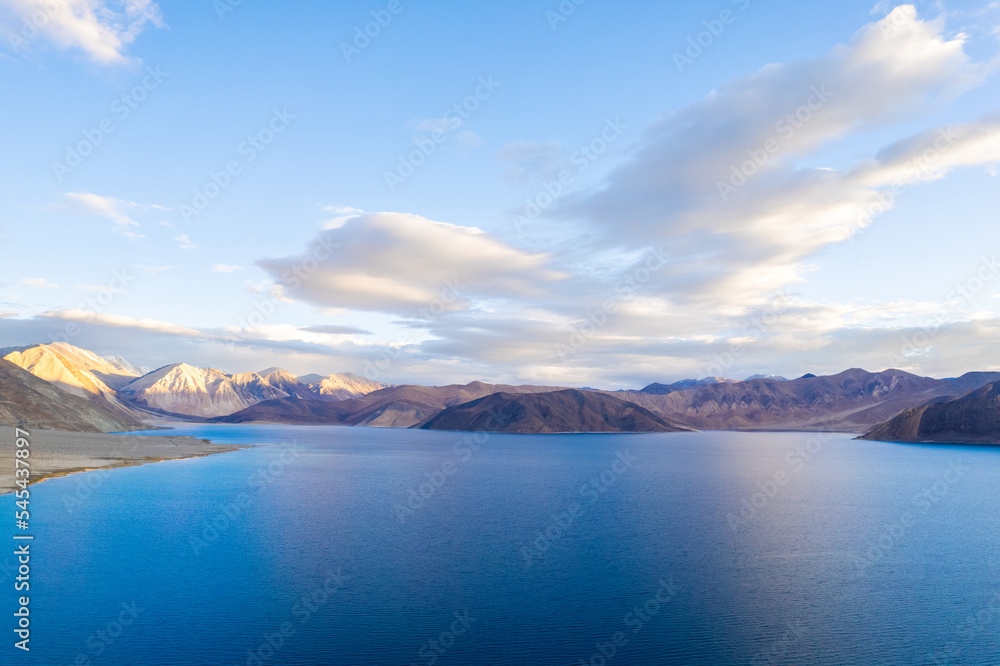 Aerial landscape of Pangong Lake  and mountains with clear blue sky, it's a highest saline water lake in Himalayas range, landmarks and popular for tourist attractions in Leh, Ladakh, India, Asia