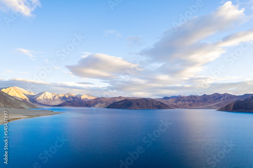 Aerial landscape of Pangong Lake and mountains with clear blue sky, it's a highest saline water lake in Himalayas range, landmarks and popular for tourist attractions in Leh, Ladakh, India, Asia