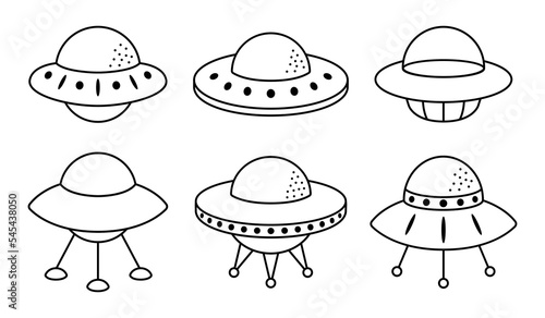 Collection of outline alien flying saucers. UFO contour illustration isolated on white background. Vector illustration.