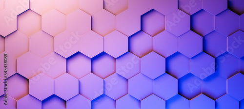 Hexagonal background with pink purple blue gradient hexagons, abstract futuristic geometric backdrop or wallpaper with copy space for text