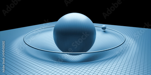 3D visualization of gravity distorsion physical objects in orbit or space, general theory of relativity, law of universal gravitation scientific background photo