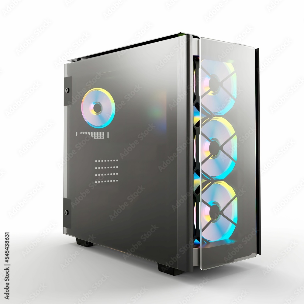 Photorealistic 3D render of a gaming PC case with colorful glowing lights inside by the fans Photorealistic 3D render of a gaming PC case with colorful glowing lights inside by the fans