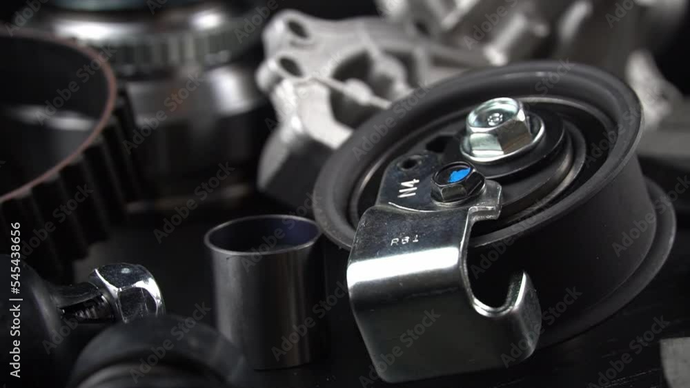 Lot of auto parts lie on wooden black background. Engine and suspension parts, swivel knuckle, joint and engine parts unfolded. New spare parts. Bearings . Play by light. Hanging on table. Lot of auto parts lie on wooden black background. Engine and suspension parts, swivel knuckle, joint and engine parts unfolded. New spare parts. Bearings . Play by light. Hanging on table.