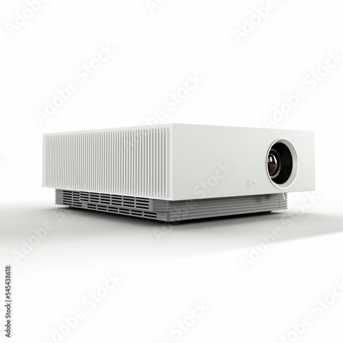 Photorealistic 3D render of a bulky white square projector under studio lights on a white background
