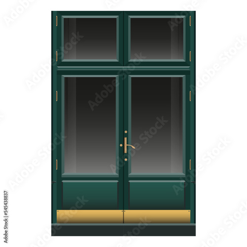 Front double door in realistic style. Facade with wooden classic door. Golden elements.