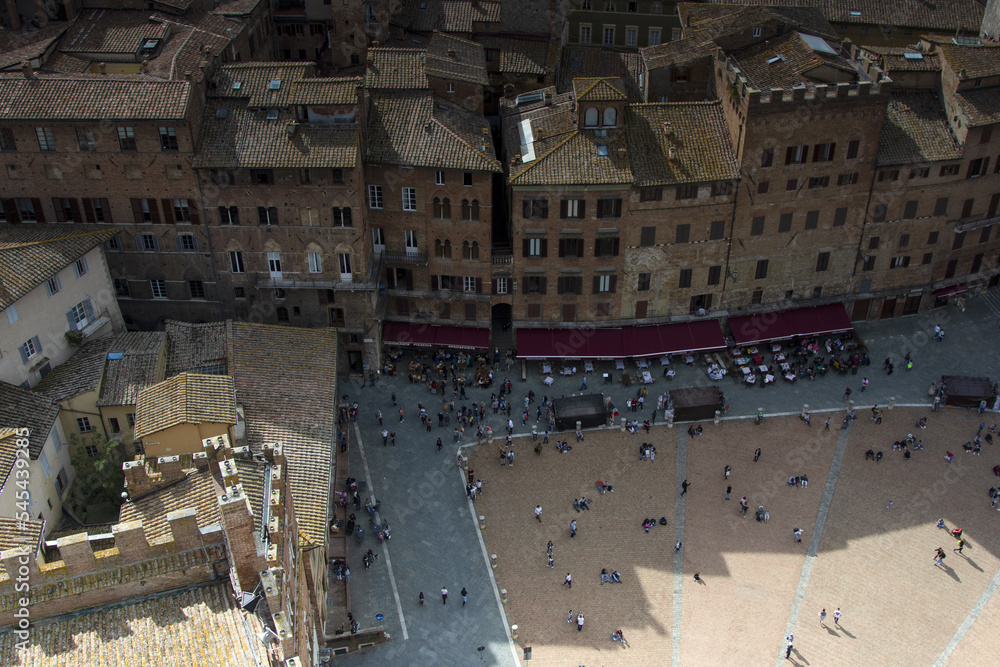 Scenery of Piazza del campo Siena, a beautiful medieval town in Tuscany from Mangia Tower, Italy