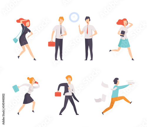 People Office Employee Late to Work in Hurry Running and Rushing Forward Vector Set