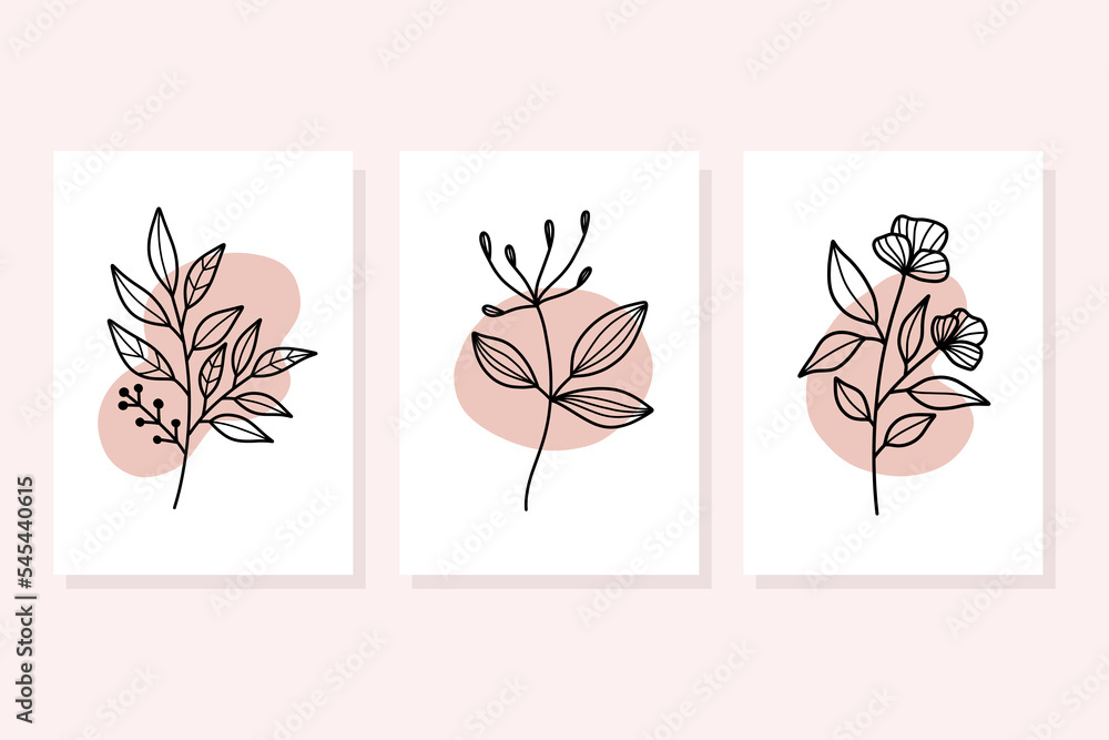 Set of hand draw floral line art  with abstract shape.Minimal botanical wall art.Abstract line art composition with leaves.Postcards or Covers, Prints, Posters.