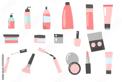 Set of vector illustrations of personal care and makeup products. Hair and face care. Cosmetics clipart.