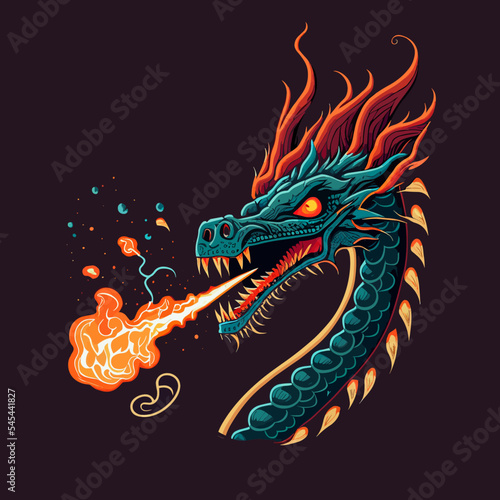Colourful illustration of a dragon spitting fire