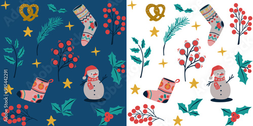 Conjunto de patrones sin fisuras de Año Nuevo y Navidad con símbolos y elementos navideños, elegante diseño de invierno. Fondo  vectorial de Navidad y Año Nuevo 