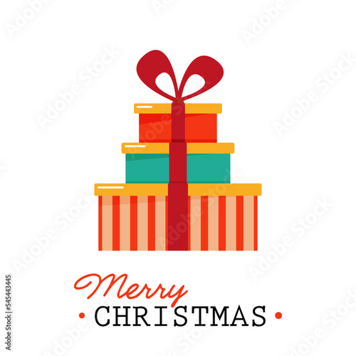 Stack of Christmas gifts with bow and lettering Merry Christmas on white background