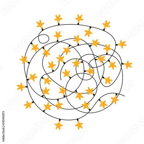 Tangled Christmas stars-light bulbs isolated on a white background. Christmas Garland