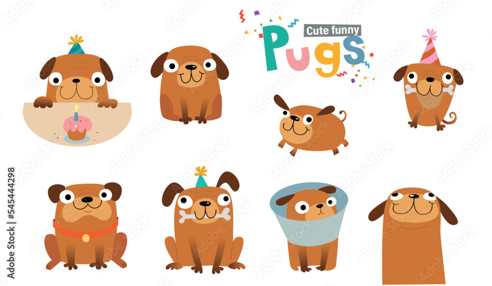Fototapeta premium Funny cartoon pugs for party invitation and other design. Vector illustration