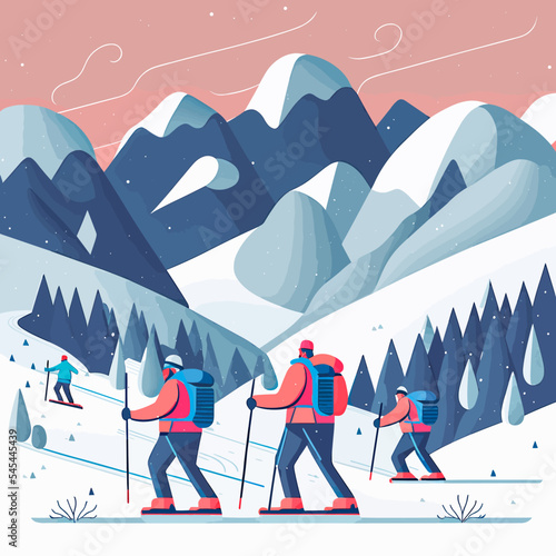 Colourful illustration of a family skiing in the mountains