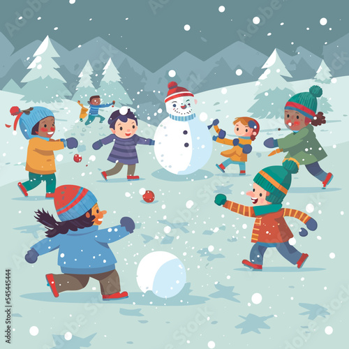 Colourful illustration of kids having fun in the snow