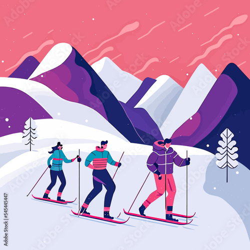 Colourful illustration of a family skiing in the mountains