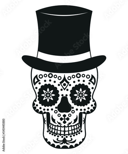 Black and white skull for the day of the dead. Illustration in the Mexican style for creating stickers, tattoos, print.