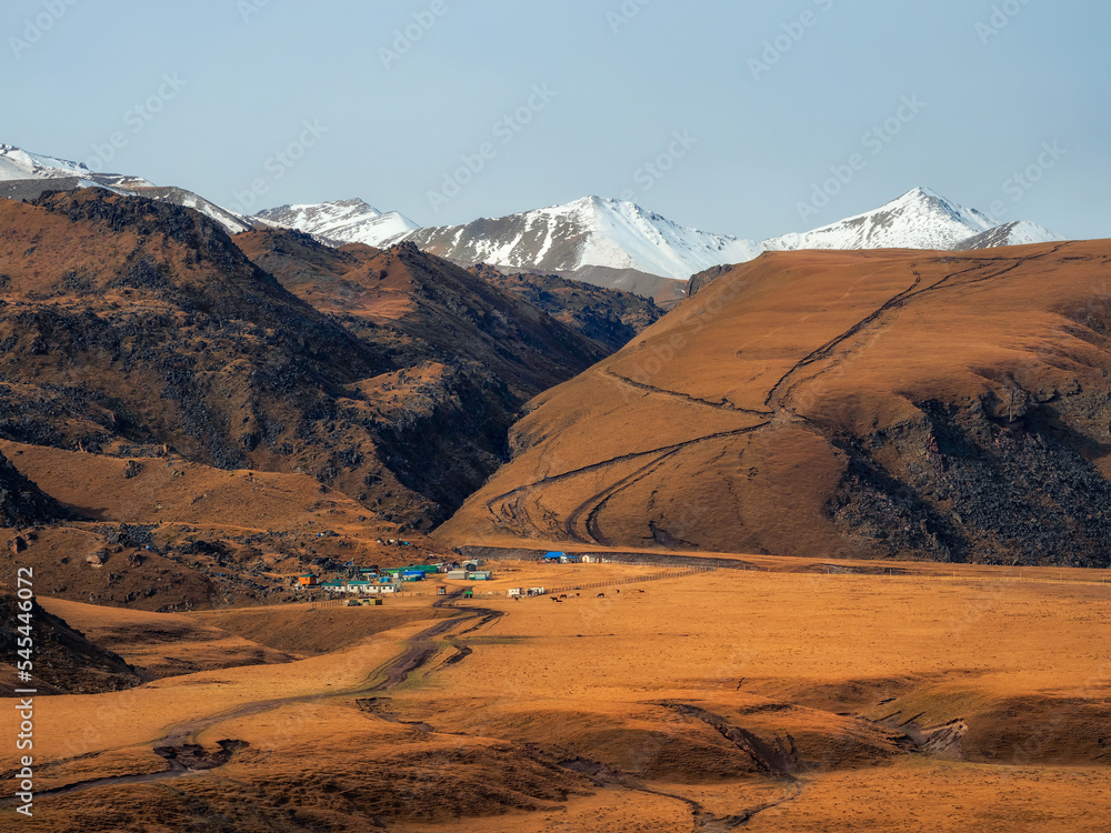 Emmanuel Valley at the foot of Mount Elbrus. Alpine camp at the foot of