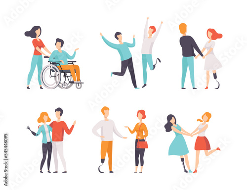 People Characters with Different Disability Meeting with Friends and Talking Vector Set