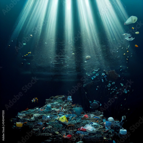 Underwater scene with plastic pollution