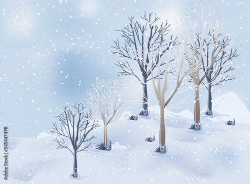Winter mountains landscape with mountains and trees on a vector background with snowflakes falling from the sky. Cartoon winter scenery of cold weather and village forest, snowy hills, and fields © AL - AMIN KHAN