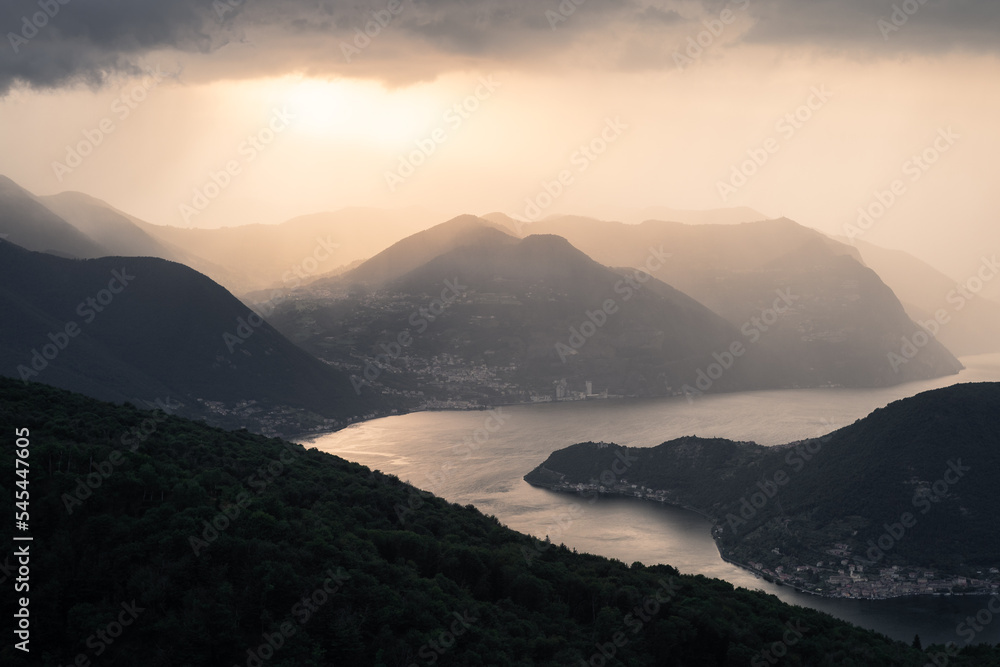 Lake Iseo seen from above a few minutes before a summer storm, Northern Italy Lake Iseo seen from above a few minutes before a summer storm, Northern Italy