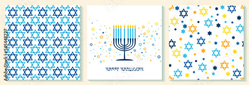 Happy Hanukkah card with nine-branched candelabrum Hanukkah menorah and Star of David Jewish symbol. photo