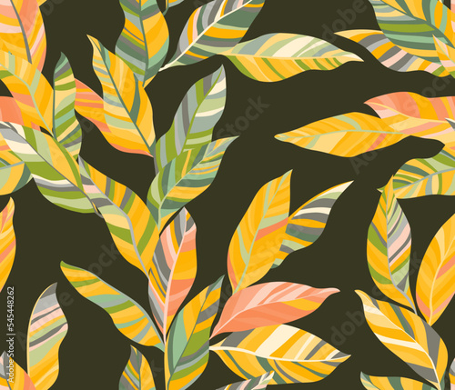 Striped leaves tree branches vector seamless pattern summer fasion textile pr...
