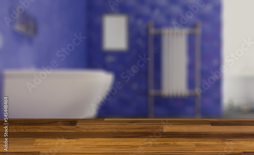 Scandinavian bathroom  classic  vintage interior design. 3D rend. Background with empty wooden table. Flooring.