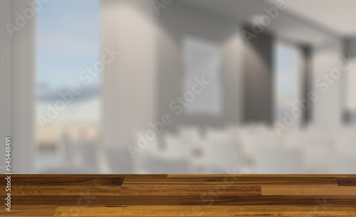 Modern office building interior. 3D rendering.. Mockup.   Empty. Background with empty wooden table. Flooring. © COK House