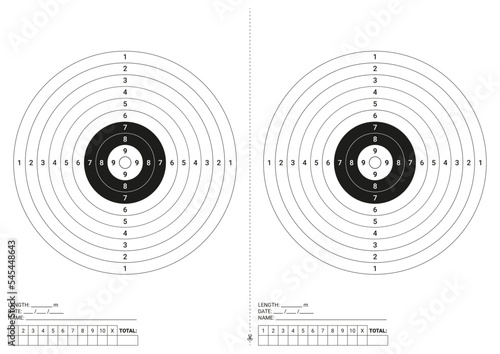 Two sports shooting shields, designed in A4 format. Each shield has a scoreboard, a place to enter the distance, date and the name of the player.