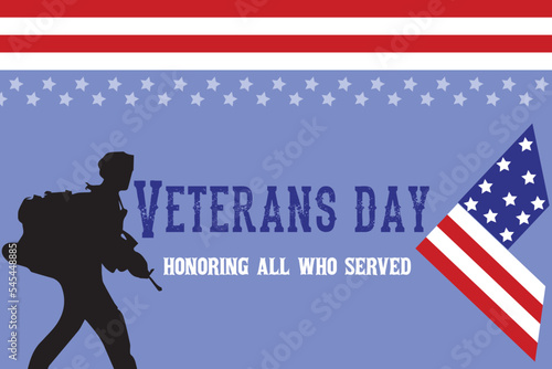 Veterans day copy space. Honoring all who served. Letter V logo with USA flag and soldiers