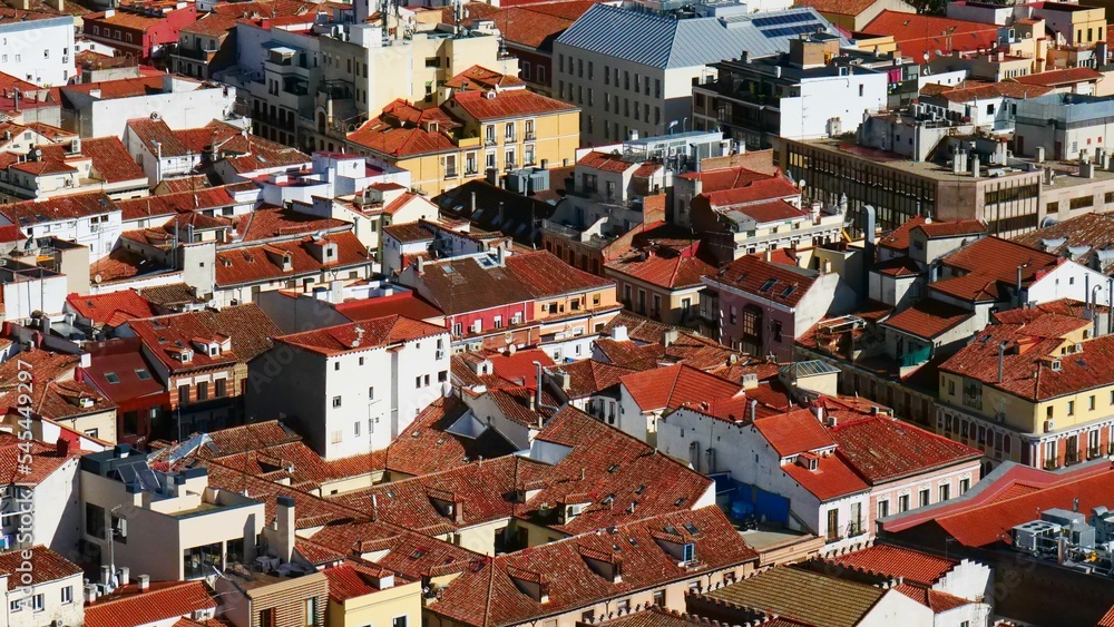 Aerial view of the brown roofs of the skyline of Madrid, Spain