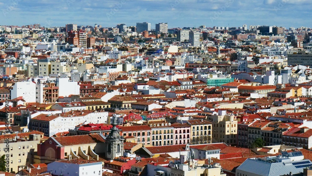Aerial view of the brown roofs of the skyline of Madrid, Spain
