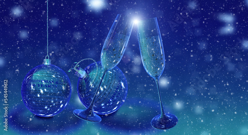 Fotografi champaign glasse xmas christmas balls with wishes text on it - 3d rendering