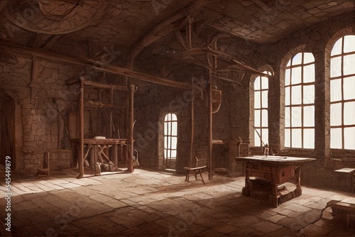 AI generated illustration of a medieval room made of stone with windows and wooden furniture